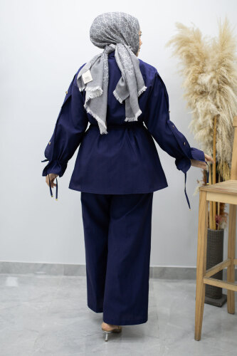 Kolu Düğme Detaylı Büzgülü İkili Takım TSD260183 İndigo - 6