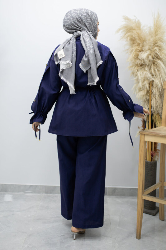 Kolu Düğme Detaylı Büzgülü İkili Takım TSD260183 İndigo - 6