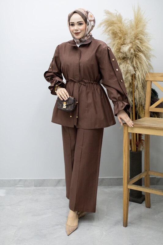 Kolu Düğme Detaylı Büzgülü İkili Takım TSD260183 Kahverengi - 1
