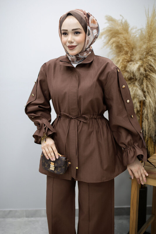 Kolu Düğme Detaylı Büzgülü İkili Takım TSD260183 Kahverengi - 2