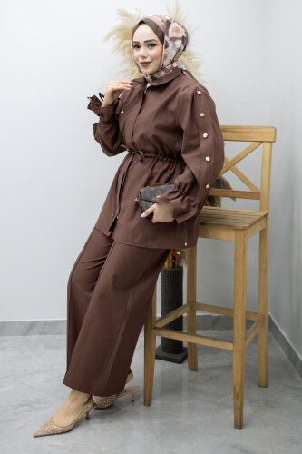 Kolu Düğme Detaylı Büzgülü İkili Takım TSD260183 Kahverengi - 3