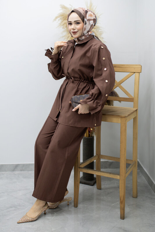 Kolu Düğme Detaylı Büzgülü İkili Takım TSD260183 Kahverengi - 3