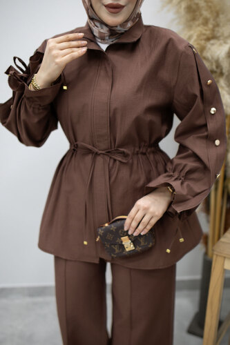 Kolu Düğme Detaylı Büzgülü İkili Takım TSD260183 Kahverengi - 4