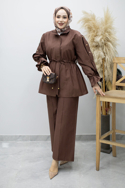 Kolu Düğme Detaylı Büzgülü İkili Takım TSD260183 Kahverengi - 5