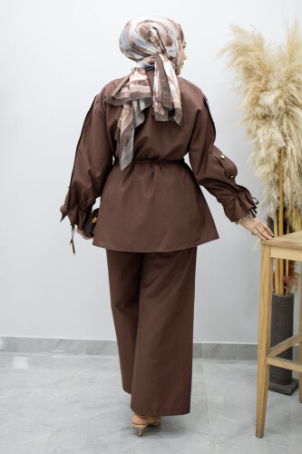 Kolu Düğme Detaylı Büzgülü İkili Takım TSD260183 Kahverengi - 6