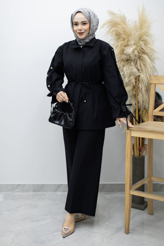 Kolu Düğme Detaylı Büzgülü İkili Takım TSD260183 Siyah - 1