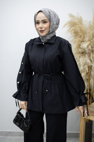 Kolu Düğme Detaylı Büzgülü İkili Takım TSD260183 Siyah - Tesettür Dünyası (1)