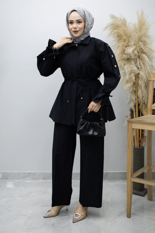 Kolu Düğme Detaylı Büzgülü İkili Takım TSD260183 Siyah - 3