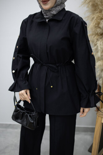 Kolu Düğme Detaylı Büzgülü İkili Takım TSD260183 Siyah - 4