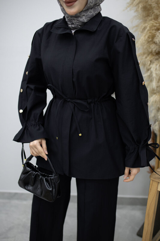 Kolu Düğme Detaylı Büzgülü İkili Takım TSD260183 Siyah - 4