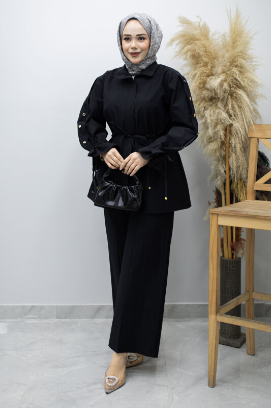 Kolu Düğme Detaylı Büzgülü İkili Takım TSD260183 Siyah - 5