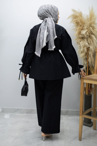 Kolu Düğme Detaylı Büzgülü İkili Takım TSD260183 Siyah - 6