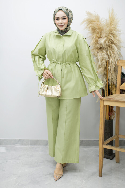 Kolu Düğme Detaylı Büzgülü İkili Takım TSD260183 Yeşil - 1