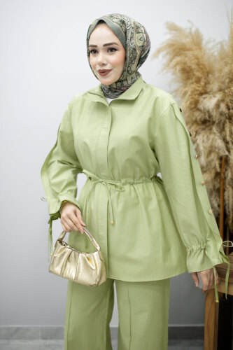 Kolu Düğme Detaylı Büzgülü İkili Takım TSD260183 Yeşil - 2