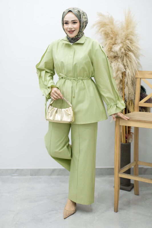 Kolu Düğme Detaylı Büzgülü İkili Takım TSD260183 Yeşil - 3