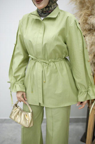 Kolu Düğme Detaylı Büzgülü İkili Takım TSD260183 Yeşil - 4