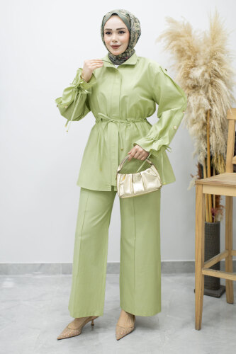 Kolu Düğme Detaylı Büzgülü İkili Takım TSD260183 Yeşil - 5