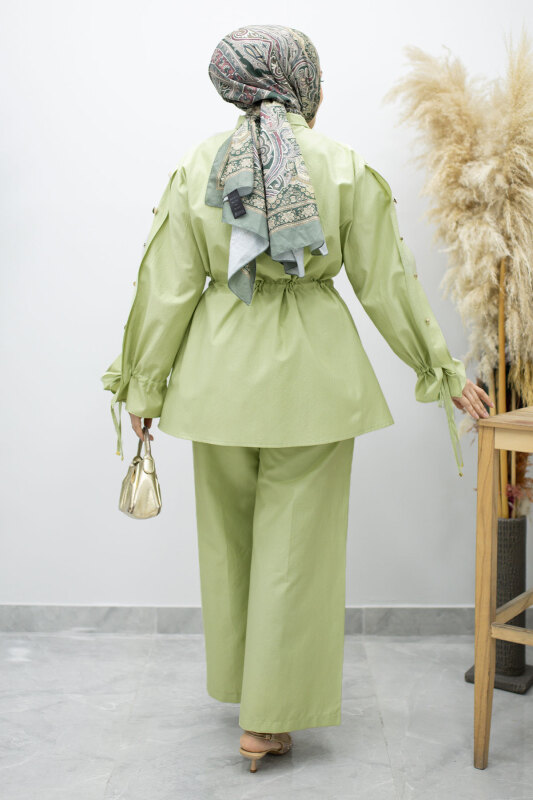 Kolu Düğme Detaylı Büzgülü İkili Takım TSD260183 Yeşil - 6