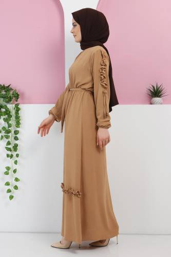 Kolu Fırfırlı Elbise TSD220325 Camel - 4