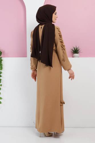 Kolu Fırfırlı Elbise TSD220325 Camel - 5