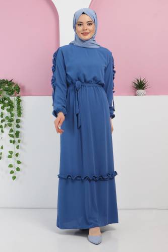 Kolu Fırfırlı Elbise TSD220325 Mavi - 1