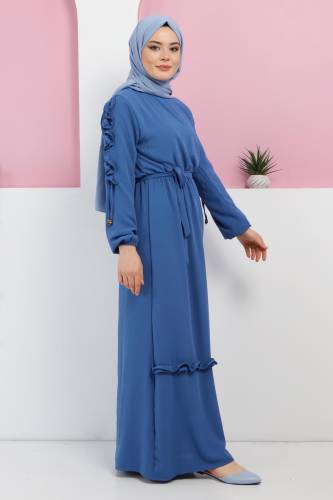 Kolu Fırfırlı Elbise TSD220325 Mavi - 4