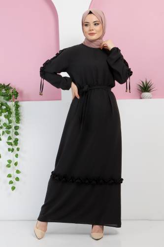 Kolu Fırfırlı Elbise TSD220325 Siyah - 1