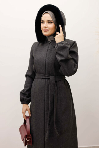 Kolu Lastikli Fermuar Detaylı Kaşe Kaban TSD250248 Antrasit - 2