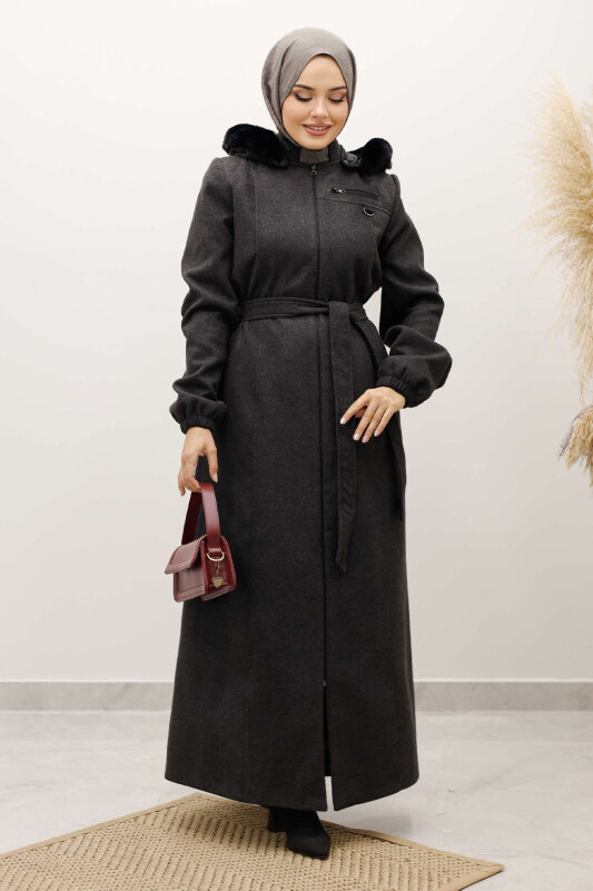 Kolu Lastikli Fermuar Detaylı Kaşe Kaban TSD250248 Antrasit - 3