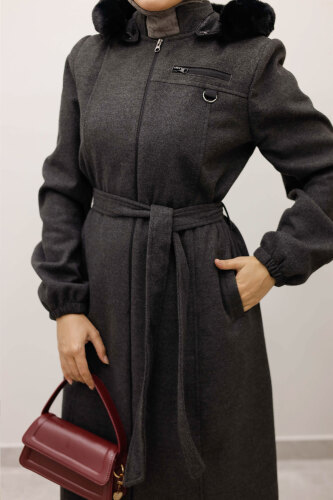 Kolu Lastikli Fermuar Detaylı Kaşe Kaban TSD250248 Antrasit - 5