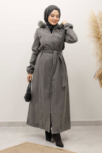 Kolu Lastikli Fermuar Detaylı Kaşe Kaban TSD250248 Gri 