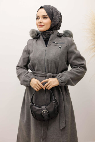 Kolu Lastikli Fermuar Detaylı Kaşe Kaban TSD250248 Gri - 2