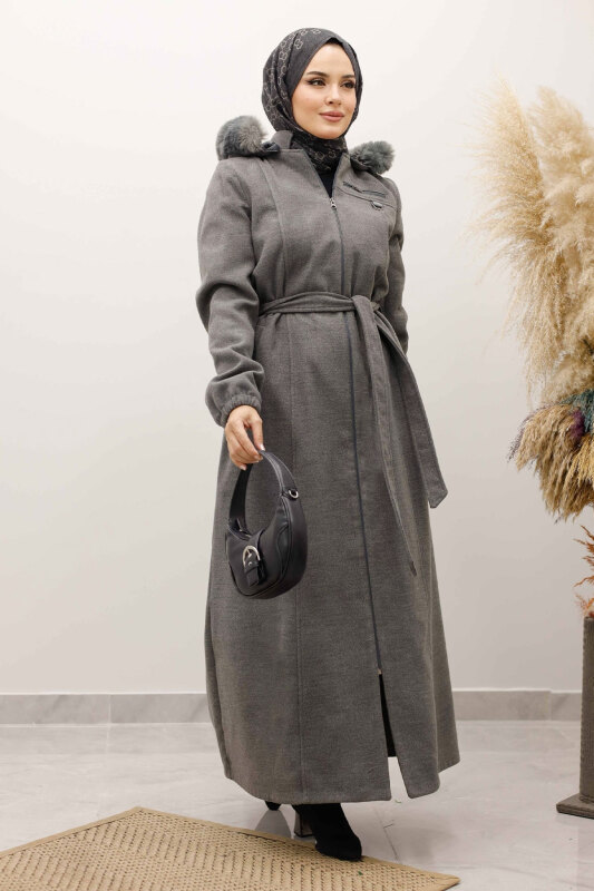 Kolu Lastikli Fermuar Detaylı Kaşe Kaban TSD250248 Gri - 4