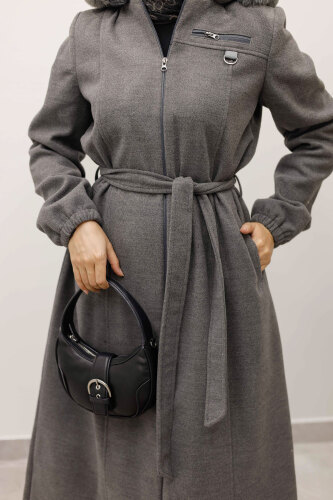 Kolu Lastikli Fermuar Detaylı Kaşe Kaban TSD250248 Gri - 5