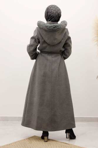 Kolu Lastikli Fermuar Detaylı Kaşe Kaban TSD250248 Gri - 6