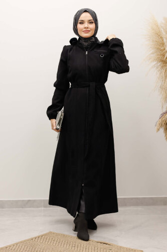 Kolu Lastikli Fermuar Detaylı Kaşe Kaban TSD250248 Siyah 