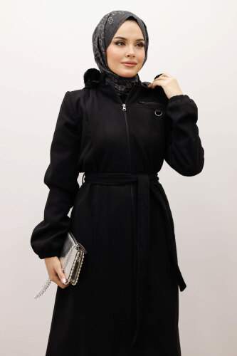 Kolu Lastikli Fermuar Detaylı Kaşe Kaban TSD250248 Siyah - 2