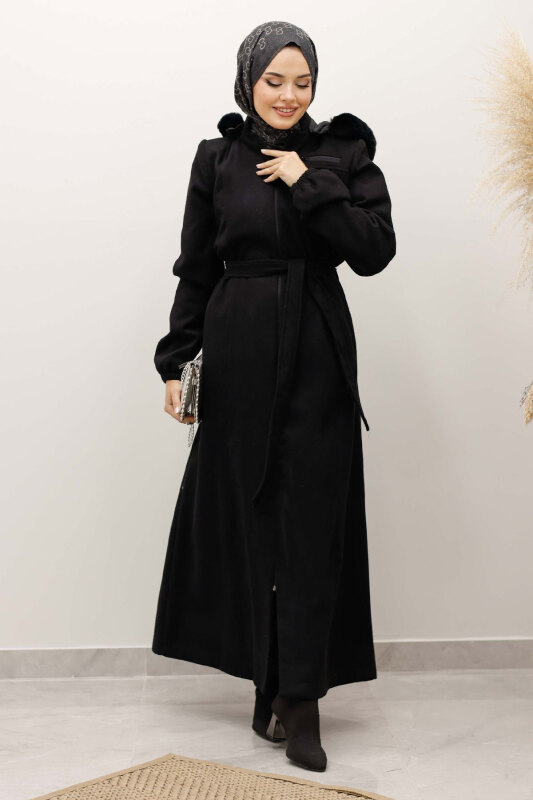 Kolu Lastikli Fermuar Detaylı Kaşe Kaban TSD250248 Siyah - 3