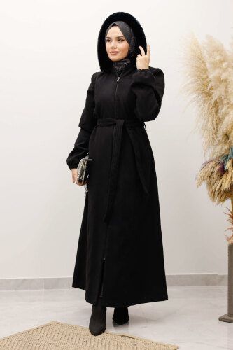 Kolu Lastikli Fermuar Detaylı Kaşe Kaban TSD250248 Siyah - 4