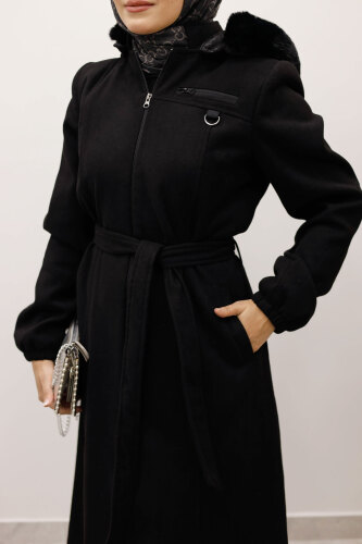 Kolu Lastikli Fermuar Detaylı Kaşe Kaban TSD250248 Siyah - 5