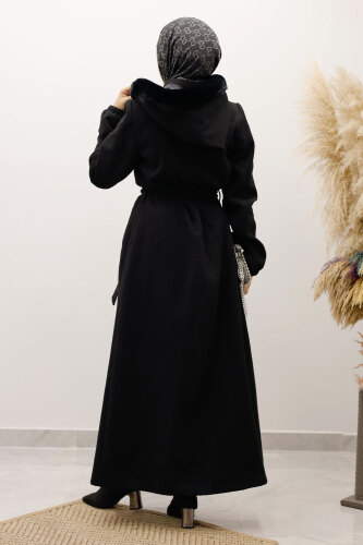 Kolu Lastikli Fermuar Detaylı Kaşe Kaban TSD250248 Siyah - 6