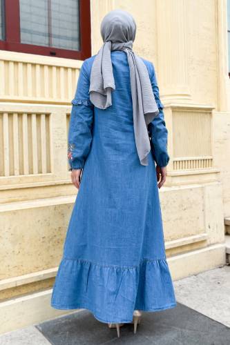Kolu Nakışlı Kot Elbise TSD220812 Açık Mavi - 5