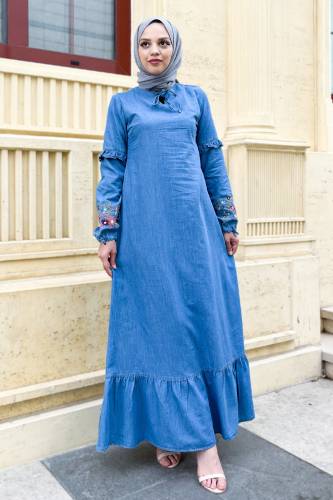 Kolu Nakışlı Kot Elbise TSD220812 Açık Mavi - 4