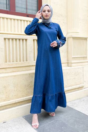 Kolu Nakışlı Kot Elbise TSD220812 Koyu Mavi - 1