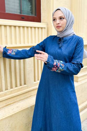 Kolu Nakışlı Kot Elbise TSD220812 Koyu Mavi - 2
