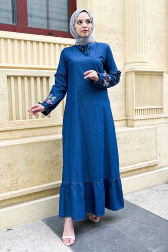 Kolu Nakışlı Kot Elbise TSD220812 Koyu Mavi - 4