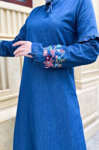 Kolu Nakışlı Kot Elbise TSD220812 Koyu Mavi - 3