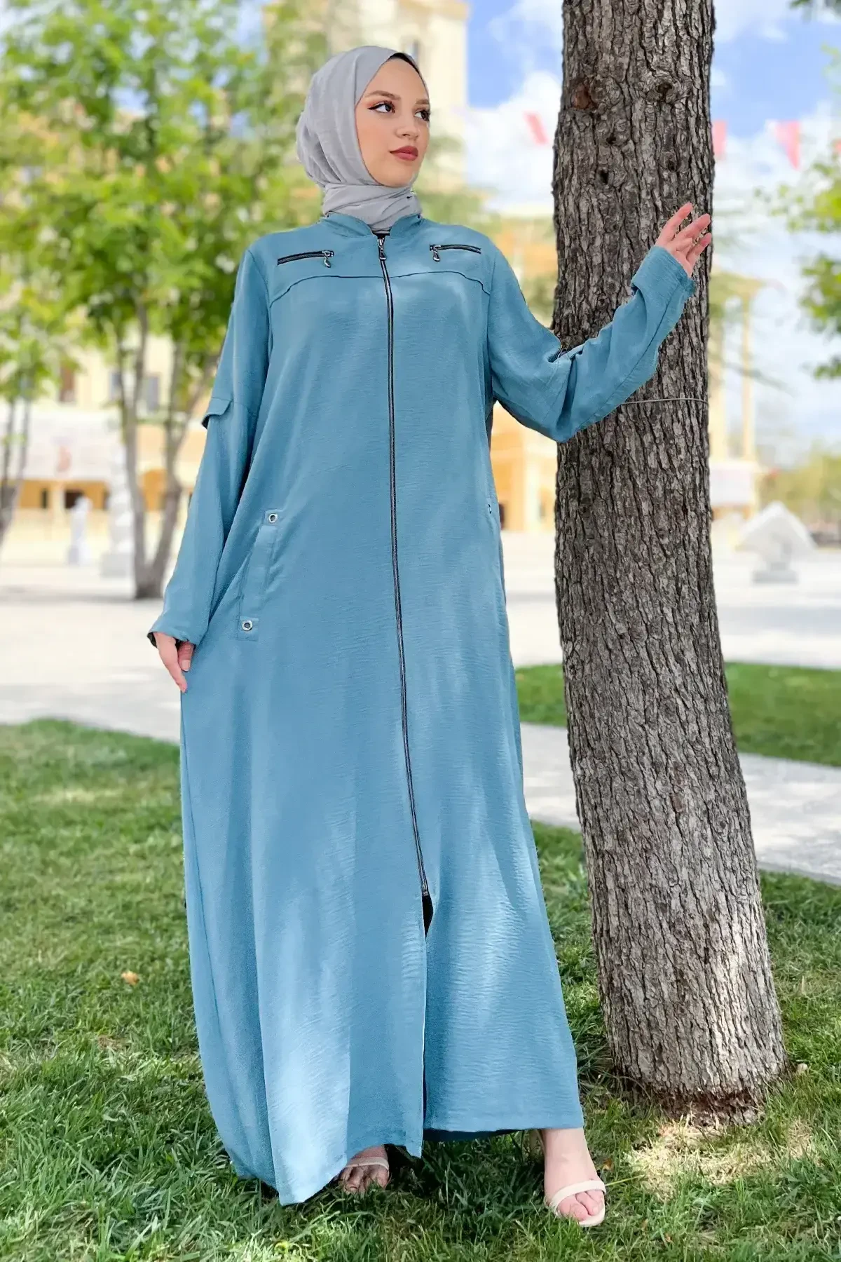 Kolu Şerit Detaylı Büyük Beden Ferace TSD220814 Mint Yeşili - Tesettür Dünyası