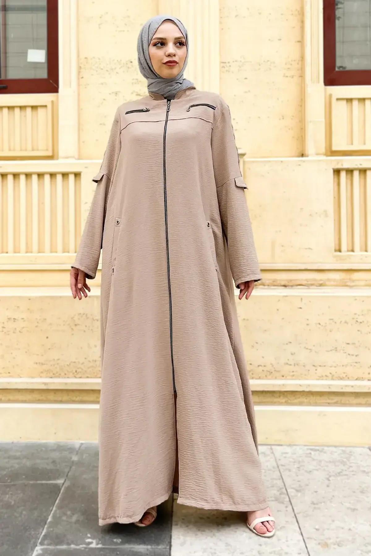 Kolu Şerit Detaylı Büyük Beden Ferace TSD220814 Vizon - Tesettür Dünyası