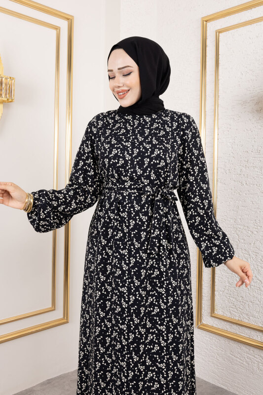 Küçük Çiçek Desenli Viskon Elbise TSD250215 Siyah - 2